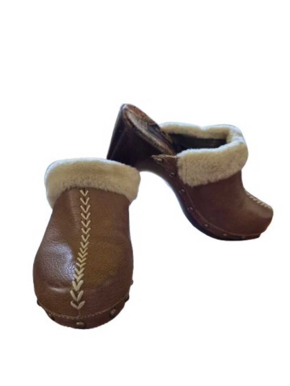 BareTraps Women's Addison Brown Faux Shearling Trim Leather Clog Mules Heels